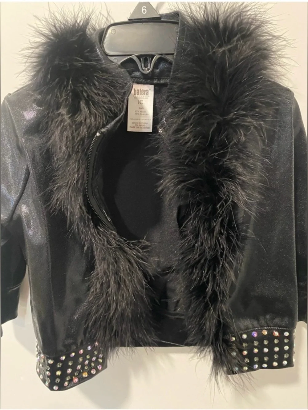 balera Black Faux Fur Trim Studded Kids Dance Jacket